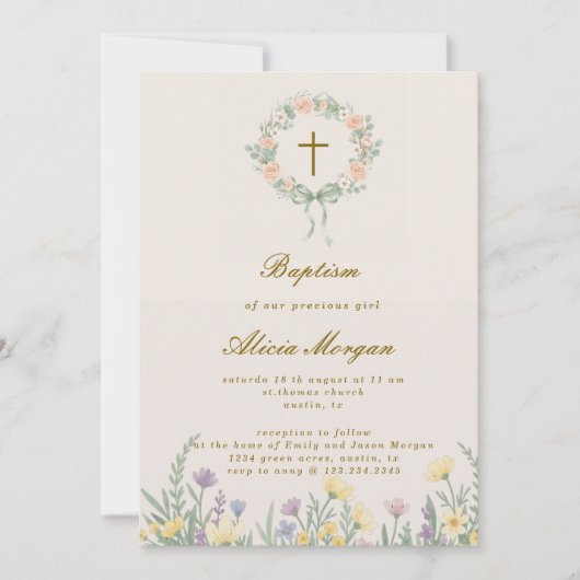 Spring Garden Floral Cross Baptism Invitation 招待状 (正面)