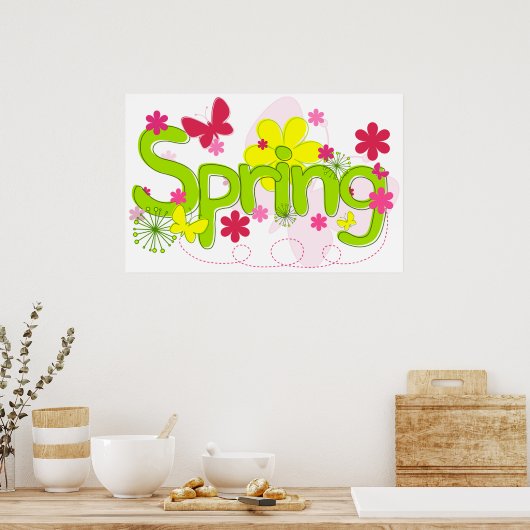 Spring Garden Typography Flowers Butterflies ポスター (キッチン)