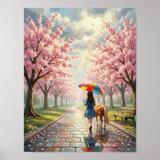 Spring - Girl with Umbrella and Pony in Rainy Park ポスター (正面)