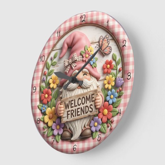 Spring Gnome Welcome Friends ラージ壁時計 (傾斜)