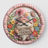 Spring Gnome Welcome Friends ラージ壁時計 (正面)