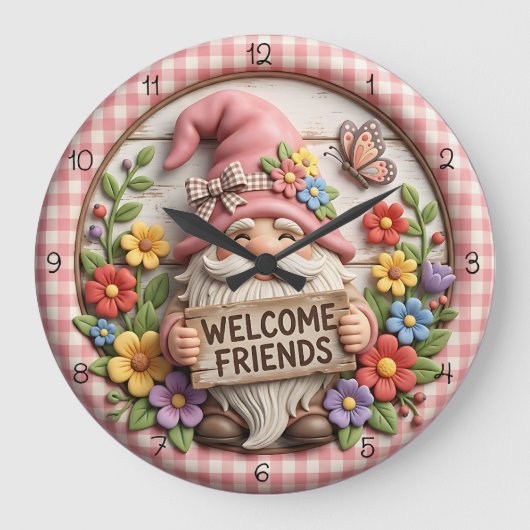 Spring Gnome Welcome Friends ラージ壁時計 (正面)