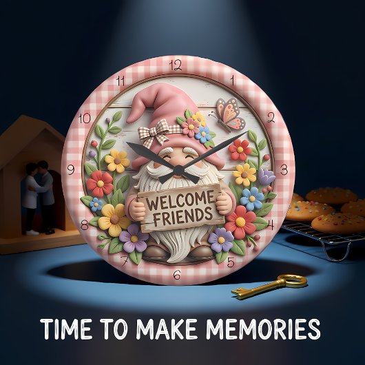 Spring Gnome Welcome Friends ラージ壁時計