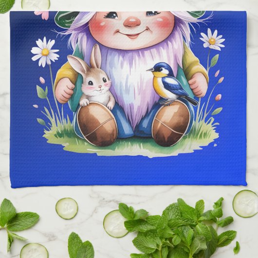 Spring Gnome with Bunny and Bluebird キッチンタオル (折り畳み)