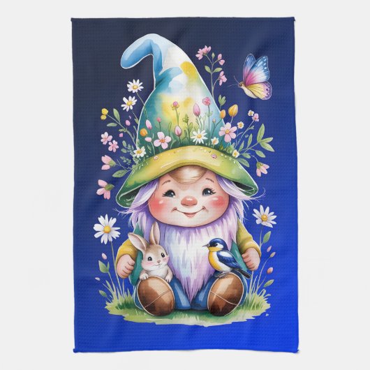 Spring Gnome with Bunny and Bluebird キッチンタオル (縦)