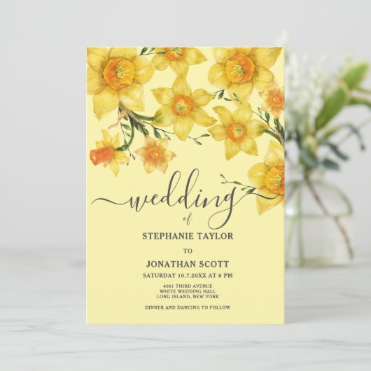 Spring golden green daffodils flowers wedding 招待状 (スタンド正面)