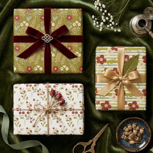 Spring Green Red Botanical Bloom Watercolor TMF26 ラッピングペーパーシート