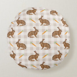 Spring Hare And Carrot Rustic Beige Gingham Easter ラウンドクッション
