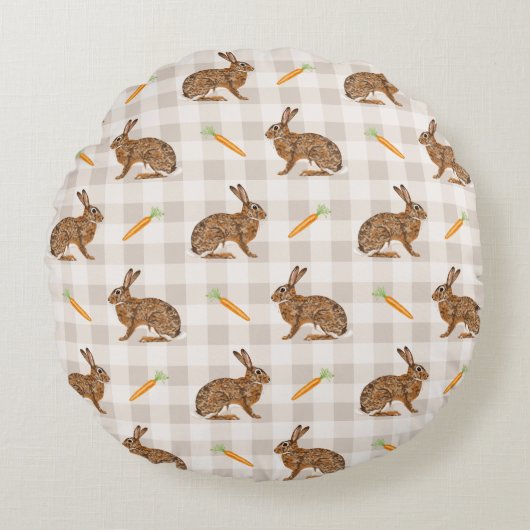 Spring Hare And Carrot Rustic Beige Gingham Easter ラウンドクッション (正面)