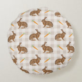 Spring Hare And Carrot Rustic Beige Gingham Easter ラウンドクッション (裏面)