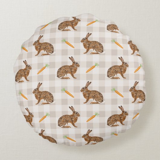 Spring Hare And Carrot Rustic Beige Gingham Easter ラウンドクッション (裏面)