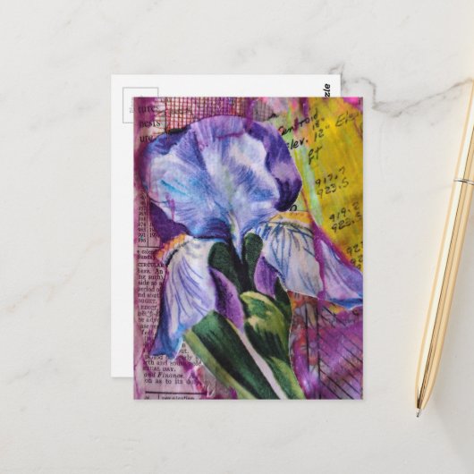 Spring Iris Flower mixed media collage Postcard ポストカード (正面/裏面インサイチュ)