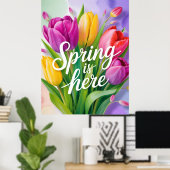 "Spring is Here" Tulip Bouquet Illustration ポスター (ホームオフィス)