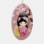 Spring Kokeshi Doll - Cute Japanese Geisha on Pink セラミックオーナメント (右)