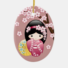 Spring Kokeshi Doll - Cute Japanese Geisha on Pink セラミックオーナメント