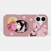 Spring Kokeshi Doll - Cute Japanese Geisha on Pink iPhone 16ケース (裏面横)