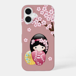 Spring Kokeshi Doll - Cute Japanese Geisha on Pink iPhone 16ケース