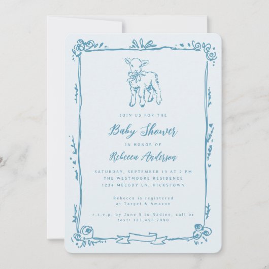 Spring Lamb Cute Doodle Blue Boy Baby Shower 招待状 (正面)