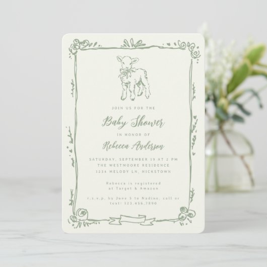 Spring Lamb Cute Doodle Sage Green Baby Shower 招待状 (スタンド正面)