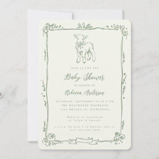 Spring Lamb Cute Doodle Sage Green Baby Shower 招待状 (正面)