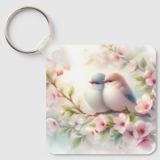 Spring Love Birds Cherry Blossom Floral キーホルダー (正面)
