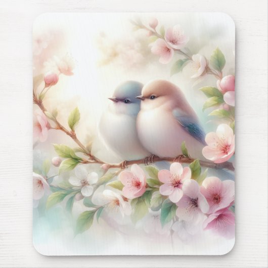 Spring Love Birds Cherry Blossom Floral マウスパッド (正面)