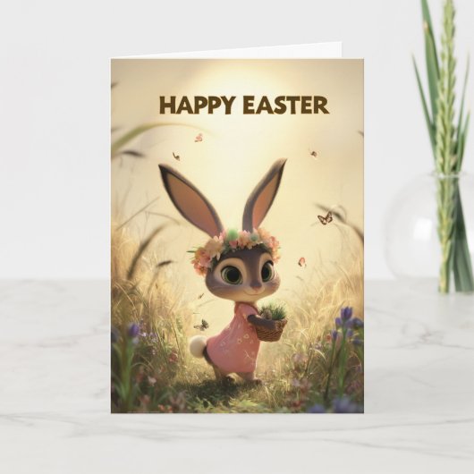 Spring Meadow Bunny in Pink Dress Easter Card カード (正面)