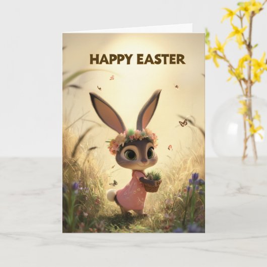 Spring Meadow Bunny in Pink Dress Easter Card カード (黄色い花)