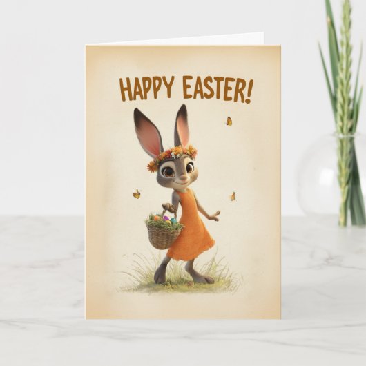 Spring Meadow Bunny with Basket Easter Card カード (正面)