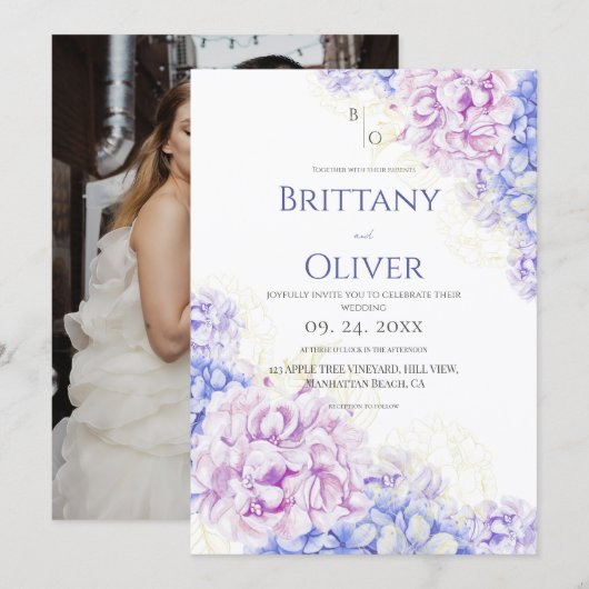 Spring Modern Lilac & Blue Floral Wedding 招待状 (正面/裏面)