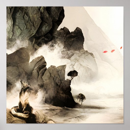 Spring Mystic Fox Misty Mountain Minimalist Zen ポスター (正面)