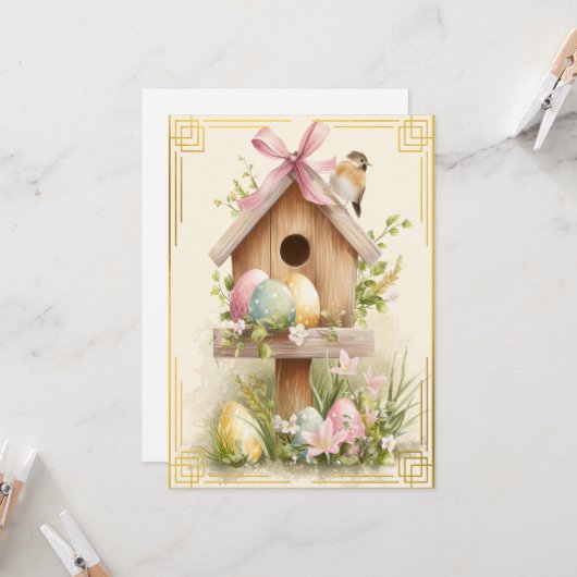 Spring Nest – Easter Birdhouse Delight カード (正面/裏面インサイチュ)