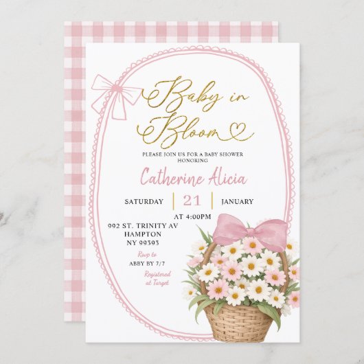 Spring Pink Bow Daisy Baby in Bloom Baby Shower 招待状 (正面/裏面)