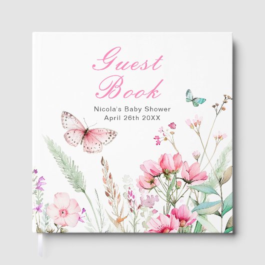 Spring Pink Butterfly Floral Baby Shower ゲストブック (正面)