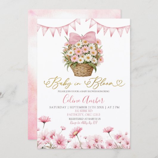 Spring Pink Daisy Baby Bloom Coquette Baby Shower 招待状 (正面/裏面)