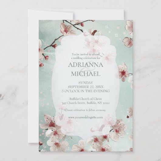 Spring Pink Floral on Teal Wedding Invitation 招待状 (正面)