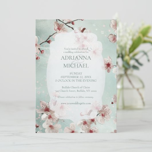 Spring Pink Floral on Teal Wedding Invitation 招待状 (スタンド正面)