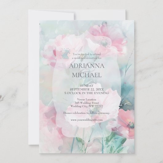 Spring Pink & Teal Floral Wedding Invitation 招待状 (正面)