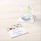 Spring Purple Floral Birthday スクエアペーパーコースター (インサイチュ)