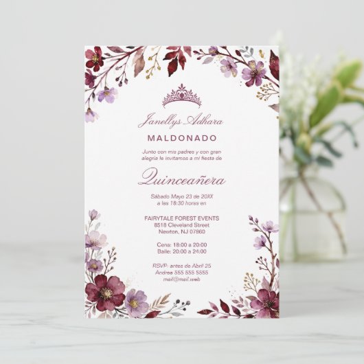 Spring Purple-Toned Botanical Branches Tiara XVs 招待状 (スタンド正面)