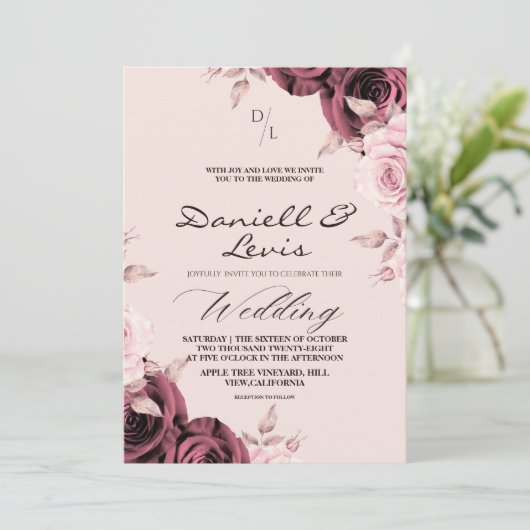 Spring Roses ⎮ ダスティピンクの結婚式 招待状 (スタンド正面)