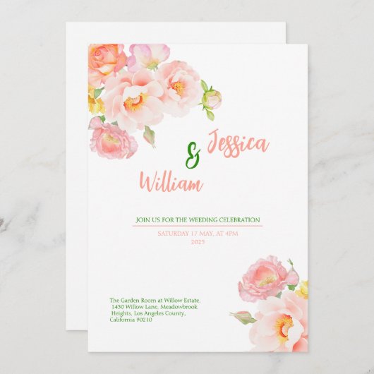 Spring Roses Pink Gold foil Wedding Invitation 招待状 (正面/裏面)