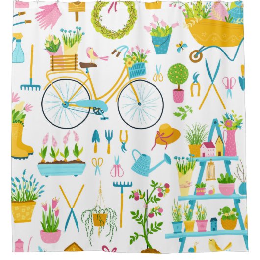 Spring seamless pattern in simple hand-drawn carto シャワーカーテン (正面)