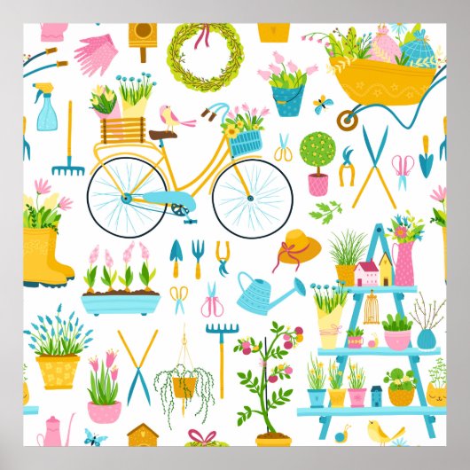Spring seamless pattern in simple hand-drawn carto ポスター (正面)