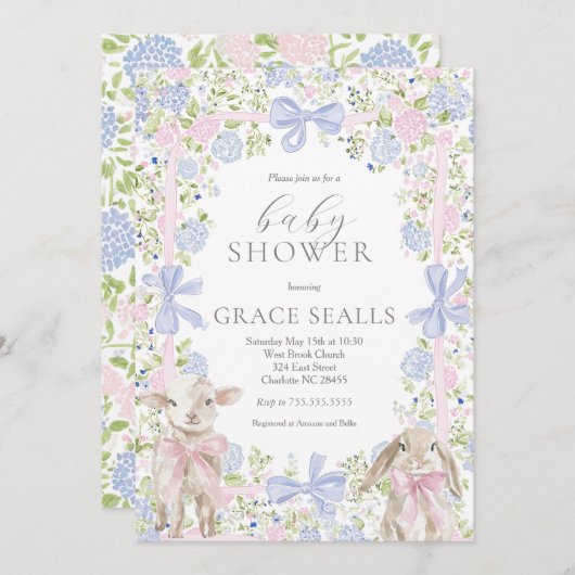 Spring sheep and bunny baby shower invite 招待状 (正面/裏面)