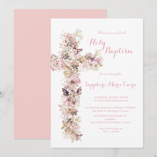 Spring Summer Floral Watercolor Baptism Invitation 招待状 (正面/裏面)