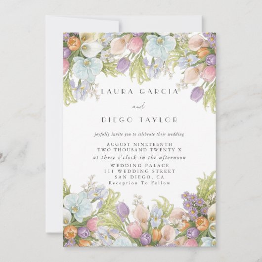 Spring Summer Watercolor Floral Wedding 招待状 (正面)