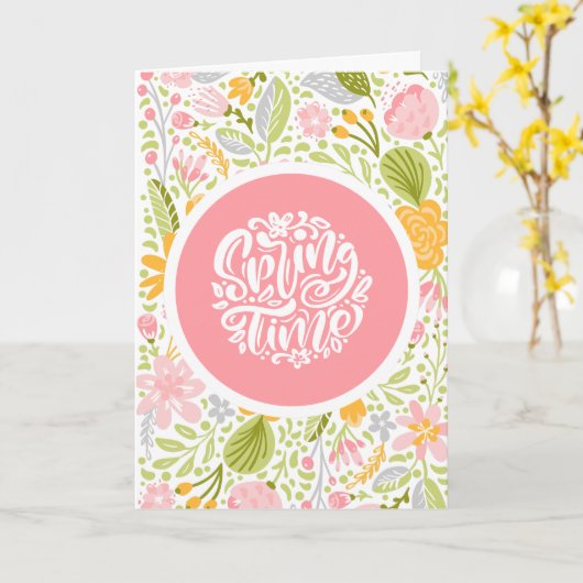 Spring Time Floral Greeting Card with Pink Circle カード (黄色い花)