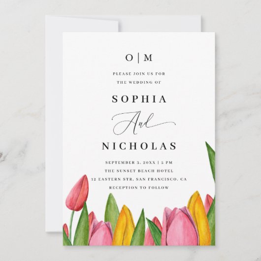 Spring Tulip Floral Wedding | 写真 & QRコード 招待状 (正面)