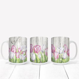 Spring Tulips Flowers on Wood コーヒーマグカップ